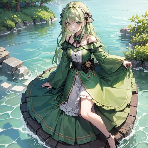 1 girl, solitary, hair accessories, green hair, double tail, long hair, skirt, water