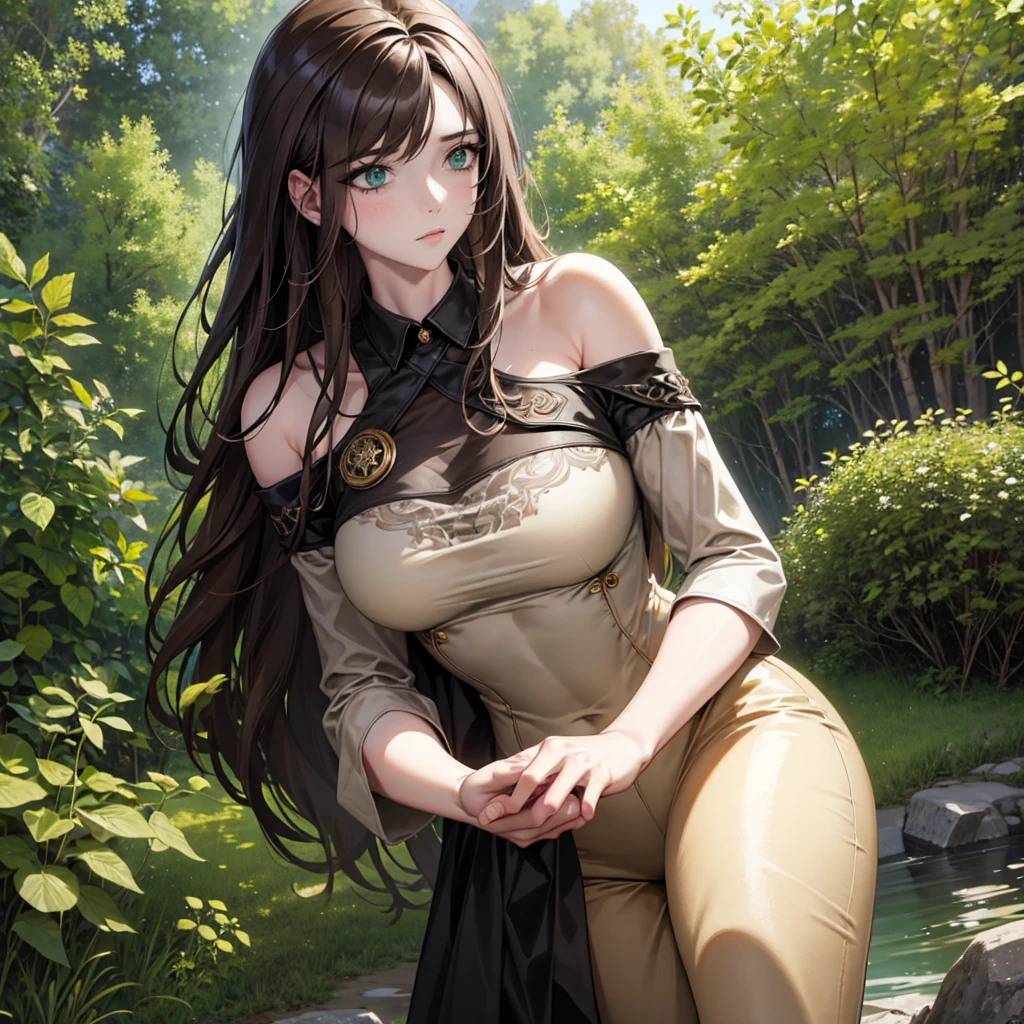 8K, best quality, masterpiece, Very detailed, Semi-realistic, A girl, A girl, 20 years old, Look at your hands, Dark brown long hair，With bangs, curls, Green Eyes, Black Japanese tailoring clothes, White pants, Bare shoulders, Gold details, Thin body, Cold expression, War scenes, outdoor, Forest Background, There are many trees and dark sky