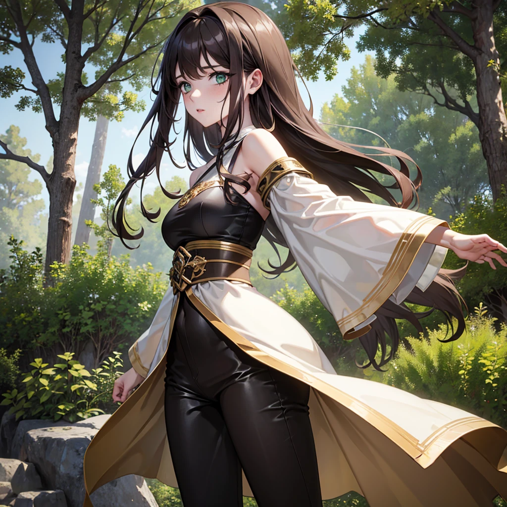 8K, best quality, masterpiece, Very detailed, Semi-realistic, A girl, A girl, 20 years old, Look at your hands, Dark brown long hair，With bangs, curls, Green Eyes, Black Japanese tailoring clothes, White pants, Bare shoulders, Gold details, Thin body, Cold expression, War scenes, outdoor, Forest Background, There are many trees and dark sky