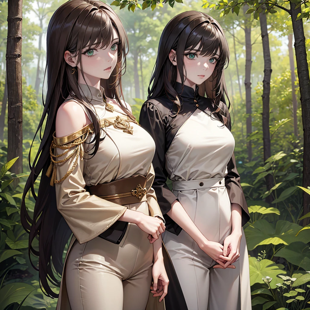 8K, best quality, masterpiece, Very detailed, Semi-realistic, A girl, A girl, 20 years old, Look at your hands, Dark brown long hair，With bangs, curls, Green Eyes, Black Japanese tailoring clothes, White pants, Bare shoulders, Gold details, Thin body, Cold expression, War scenes, outdoor, Forest Background, There are many trees and dark sky