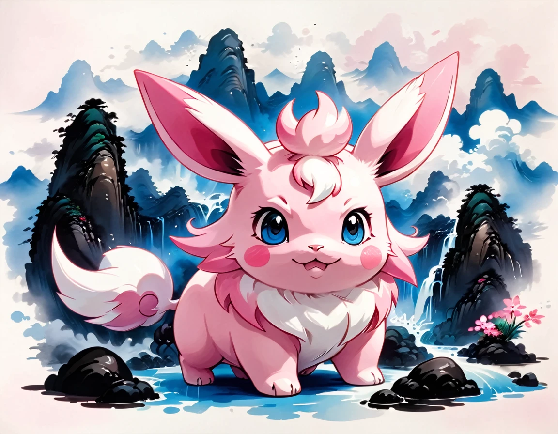 Chinese ink style,  wigglytuff with  light pink and white palette