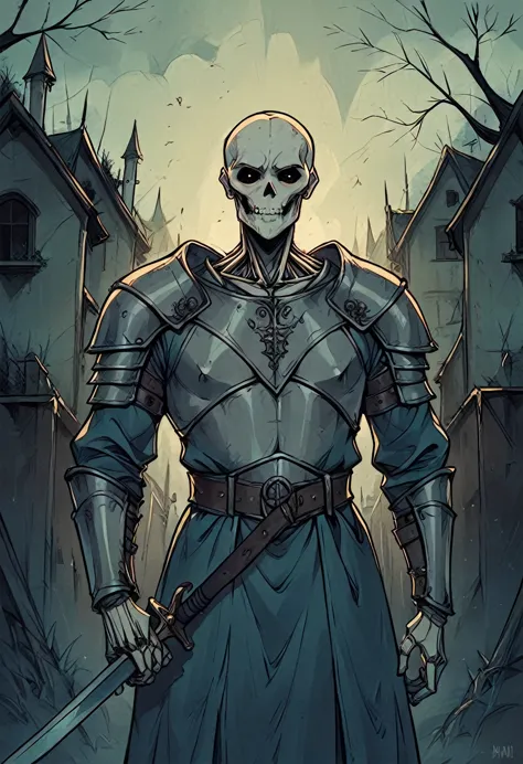 male skeleton wearing silver medieval knight armor holding medieval sword, king, undead, gloomy cemetery