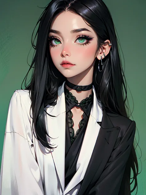 emo_hairstyle, ((tight black suit)), (black lace blazer), black tie, ((long hair)), ((straight hair)), (((black hair))), side sw...