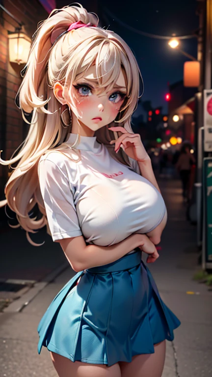 Ecchi chibi Pokemon Barbie girl in miniskirt , colourful clothes, located in nighttime dark alley of town, crying mascara lines, visible panties, looking at viewer nervously + frown, bigger breasts , 