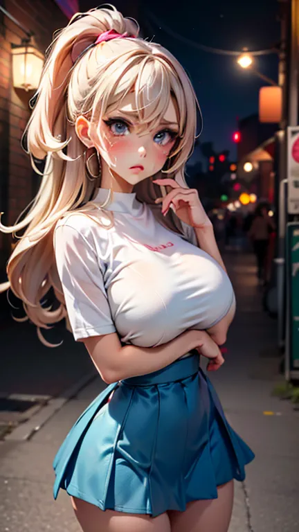 ecchi chibi pokemon barbie girl in miniskirt , colourful clothes, located in nighttime dark alley of town, crying mascara lines,...