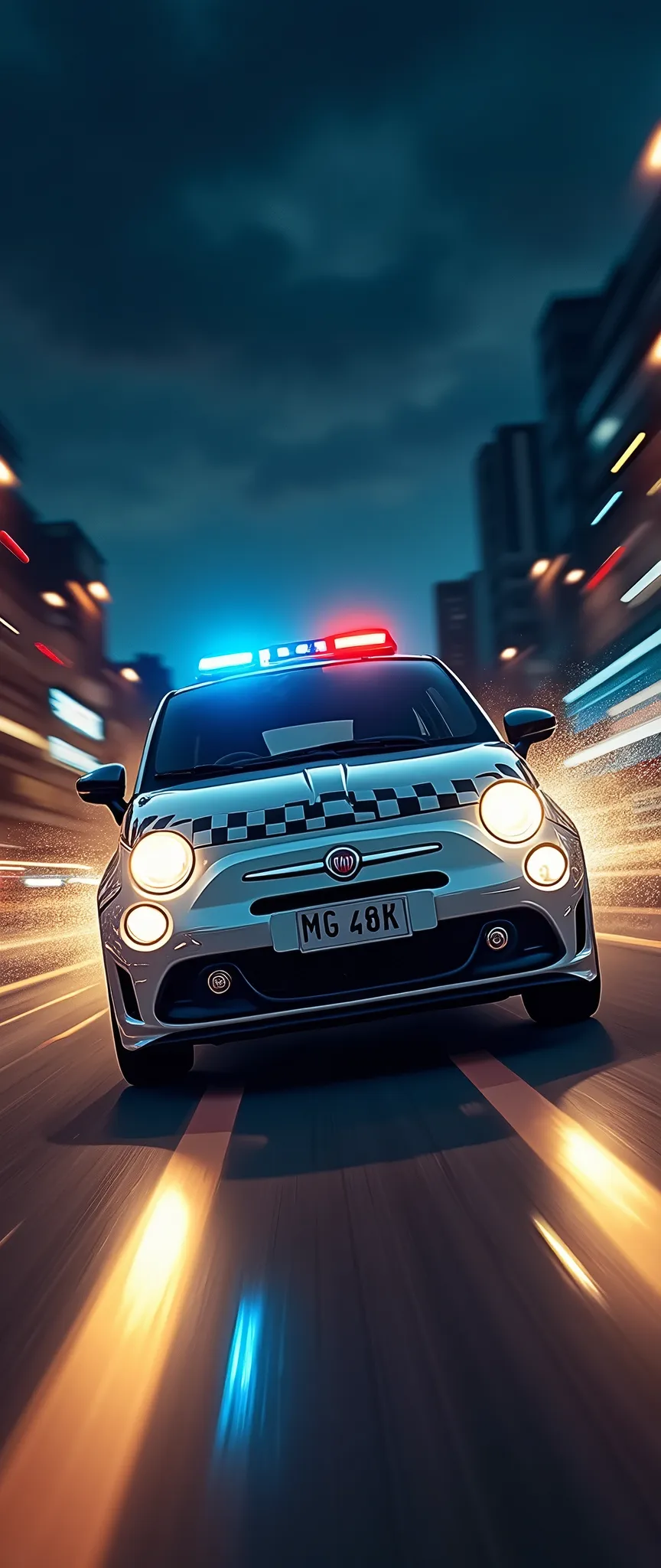 (masterpiece:1.2,Superior Quality,mirror-like,Cinematic Experience,Best illustrations,Super detailed),8k,wallpaper,(Police-colored Fiat 500 patrol car:2.0),(Comical design:2.0),(Blast off on the night road:2.0),(dynamicな走り:2.0),(dynamic:2.0),(Motion Blur:2.0),(Light trail photography:2.0)