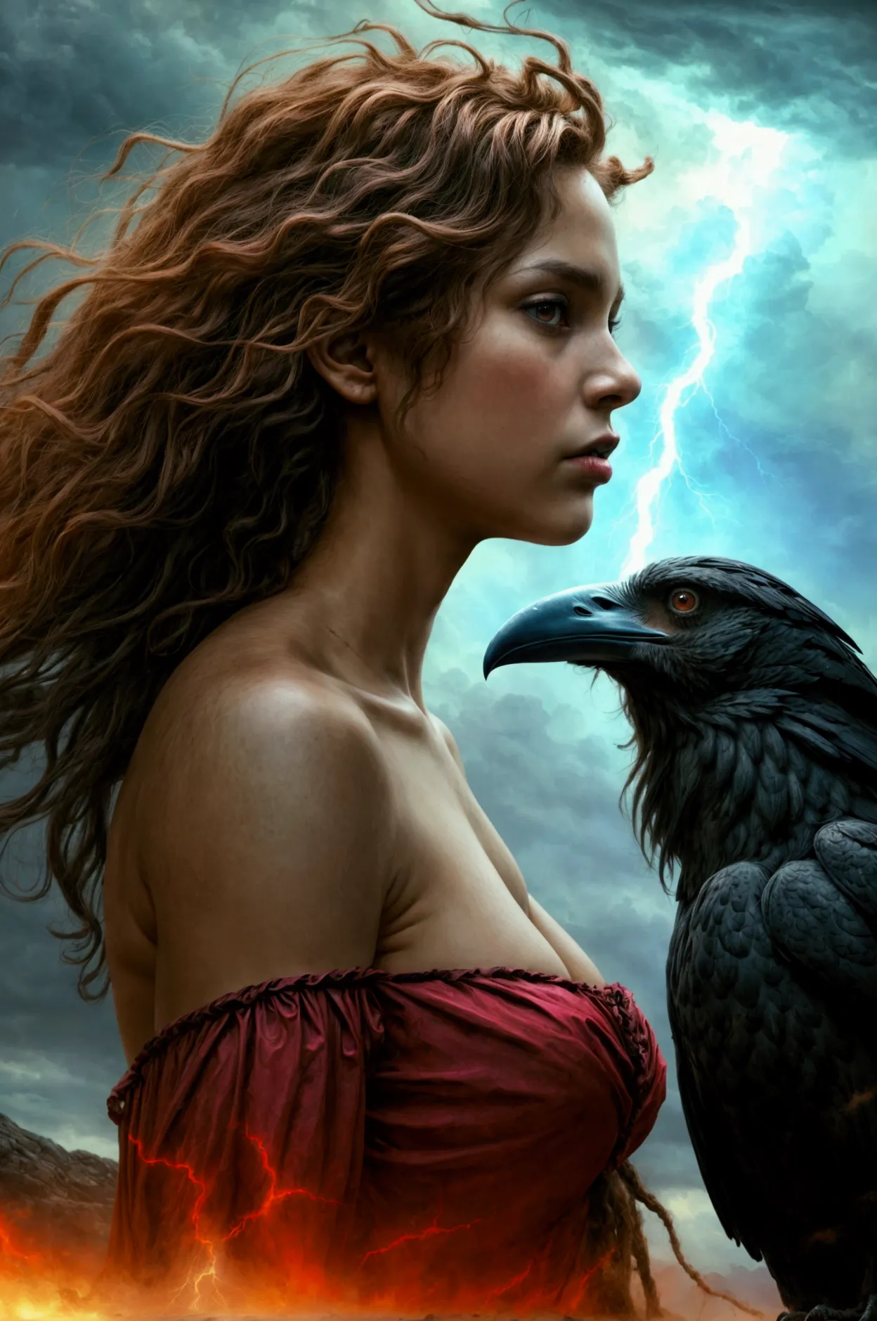 (wide and low angle scene)curly-haired ((naked)) wild woman facing a huge elemental thunder raven in the sky, primal woman, sava...