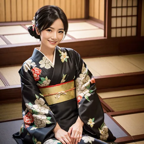 masterpiece, best quality, super detailed skin, 1 girl, beautiful woman, mature female, black hair, , kimono, tatami, sit, smile