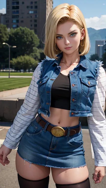 android 18, athletic body, muscle girl, breasts big, shorth hair loiro, blue colored eyes, waist belt, booties, tight blue denim skirt, golden necklace, black leotard, shorth hair, striped long sleeves, earrings, open vest, denim vest, cowboy photo, CityView, facing the front, (climate: windy), cute smile, long pantyhose, battle ruins, (RAW Photos, 8k Ultra HD, film grain)