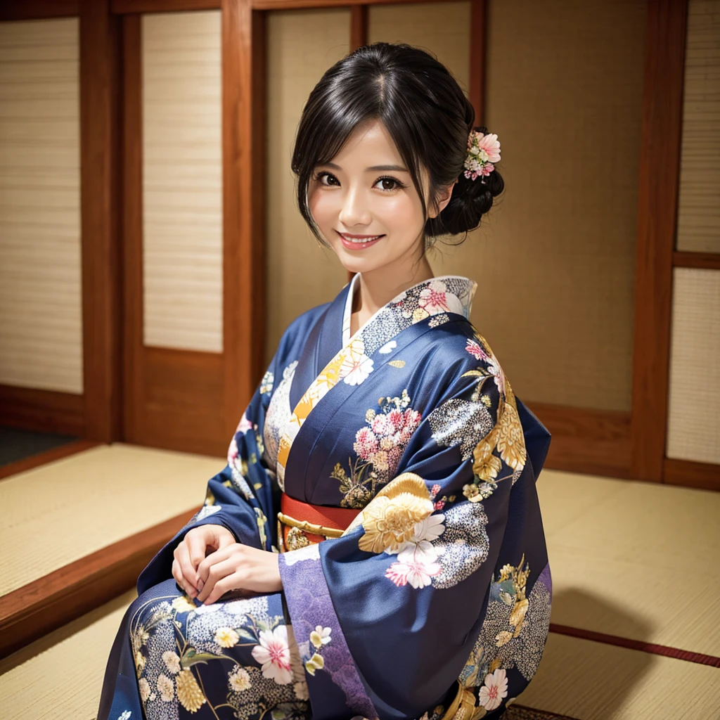 masterpiece, best quality, super detailed skin, 1 girl, beautiful woman, 30 years old, mature female, black hair, , kimono, tatami, sit, smile