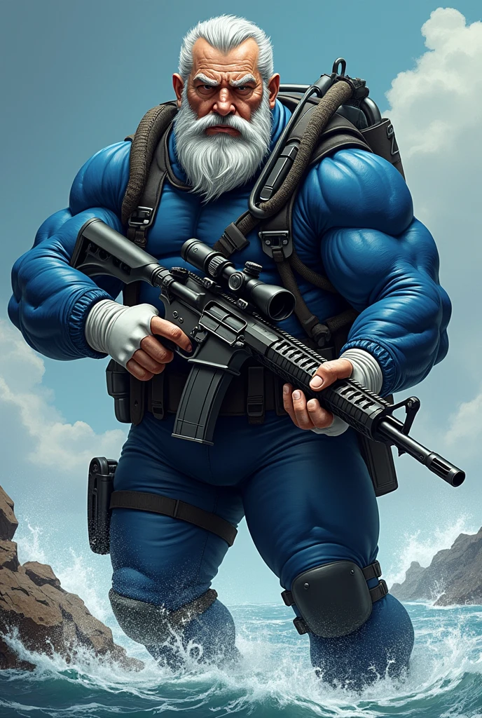 (A rugged beefy very muscular bearded chubby old man), (wearing blue wetsuit), carrying a rifle. He has bulky scuba gear, muscular physique, toned muscles, fierce, heroic, action, comic artstyle, bulky best quality, wearing white fingerless gloves. wearing gun holster on left thighs, dynamic action pose, fierce expression, showcasing an imposing stature, powerful, best quality image, action-packed atmosphere, masterpiece.