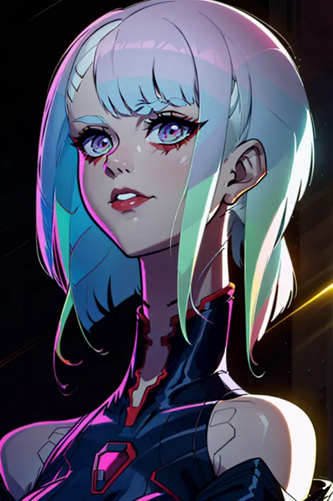 a woman with blue hair and a black shirt is standing in front of a neon background, lois van baarle and rossdraws, portrait of l...