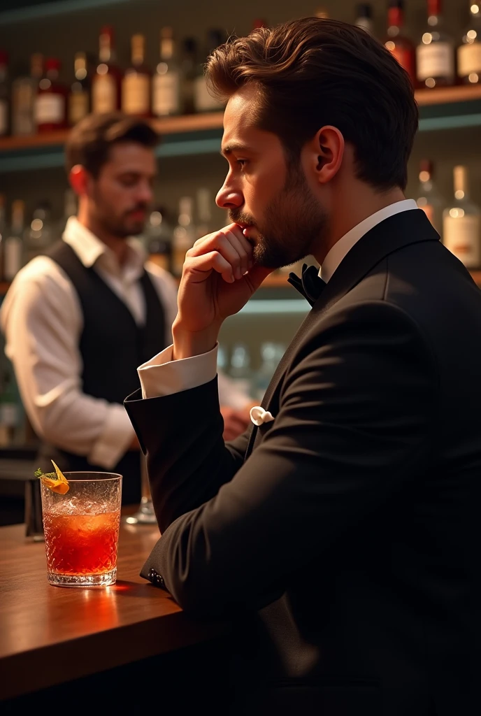 a man in a bar while he is drinking a cocktail and isa talking with bartendere