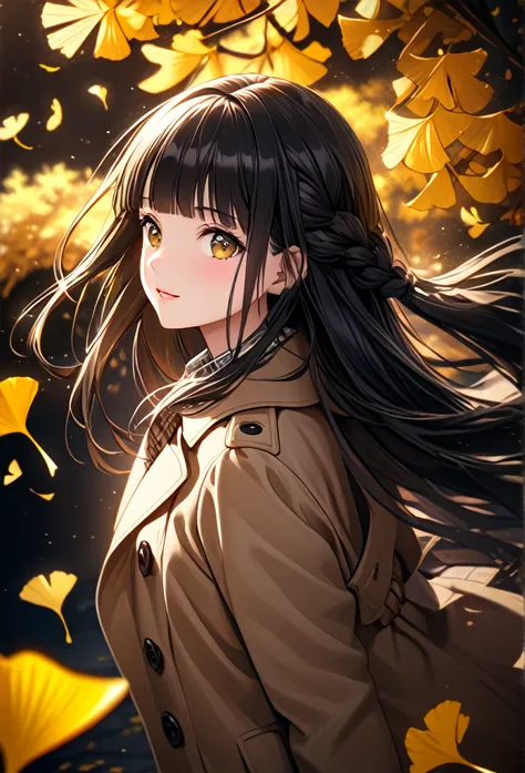 (middle shot:1.2), a girl, cute face, black hair, very long hair and blunt bangs, burberry beige autumn coat, dutch braid, dynam...