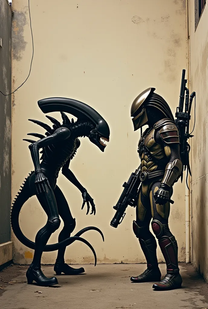 Xenomorph in situation with Predator, bansky style, analog colour 