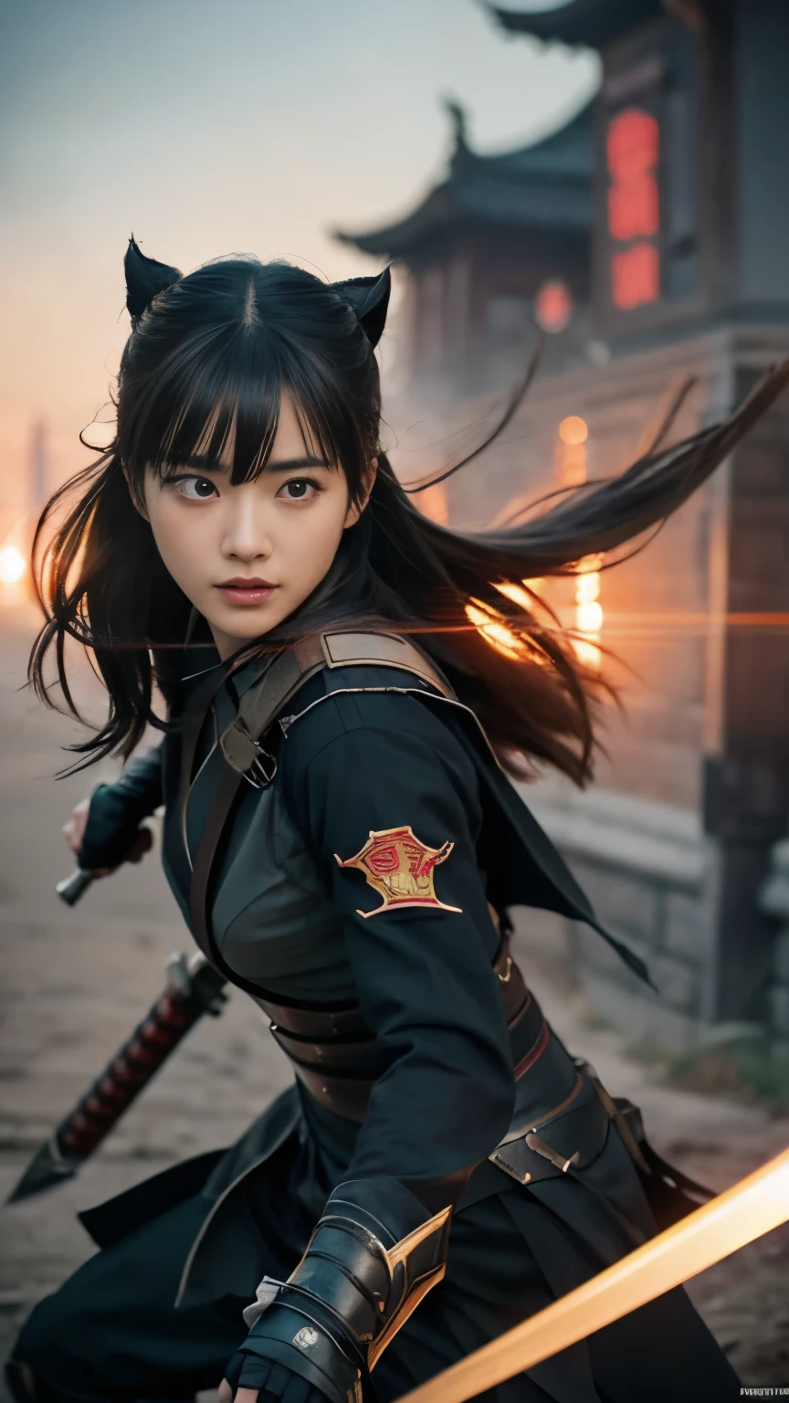 Superhero, 現代のSuperheroのコスチューム, Ninja, Ninja costume, Ninja mask on the face, With Chinese sword, Djinn Sword,With Chinese sword, Beautiful Chinese Woman, 20-year-old, Chinese woman with bangs, Brave性格, kind, Brave, Decide, On the battlefield, Atmospheric perspective, Motion Blur, 8k, Super Detail, Highest quality, Ultra-high resolution, Attention to detail、Accurate anatomy、超A high resolution 、Dynamic combat action shots、Realistic textured face、(((Ultra-Realistic Details)))、Portrait、Sharp、CGSoation Trend