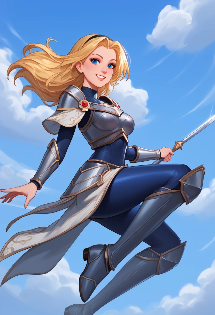 score_9, score_8_up, score_7_up, score_6_up, score_5_up, score_4_up, LuxLoLXL, blue eyes, blonde hair, long hair, black hairband, medium breasts, collarbone, shoulder armor, armor, blue bodysuit, breastplate, long sleeves, faulds, skirt, blue pants, armored boots, big breasts, smile, alone full body,sitting on a cloud, blue sky clouds,flying in the sky , knee high boots