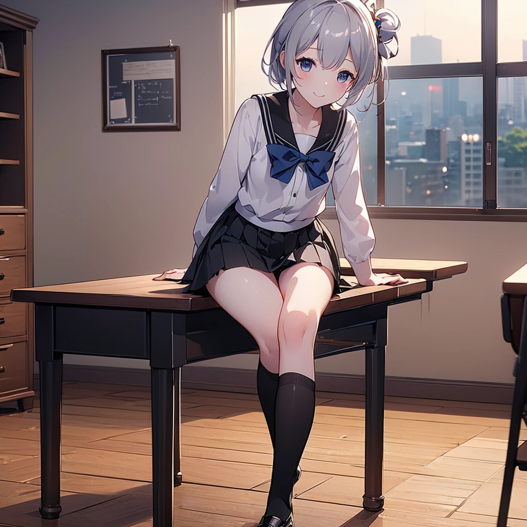 ((masterpiece)), ((Highest quality)), ((High resolution)), ((Highly detailed CG Unity 8k wallpaper)), alone, Tachibana Sonata, Black Skirt, White socks, A small smile, classroom