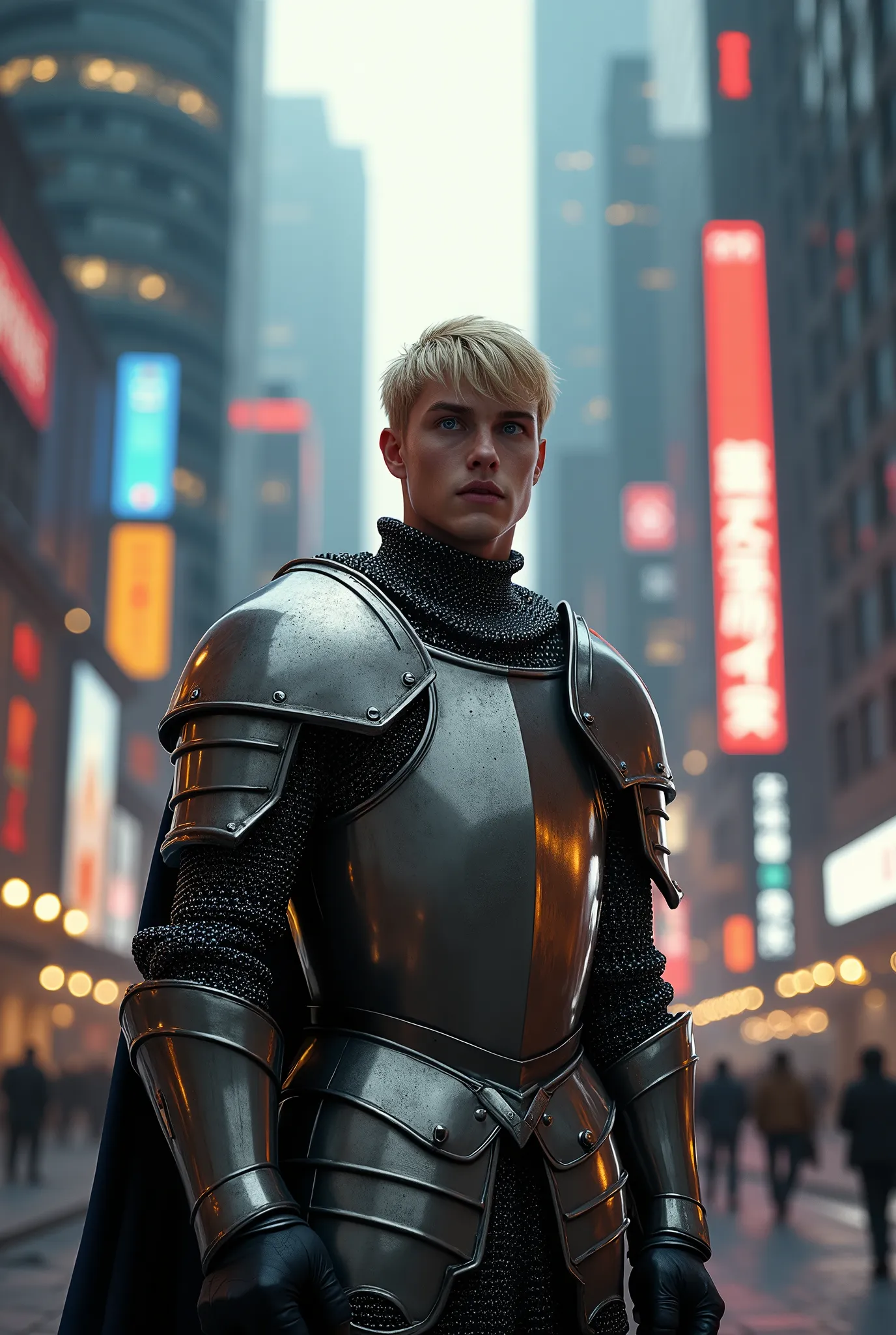 professional illustration, golden ratio, unreal engine illustration of a medieval knight wearing chain armor standing in modern city, surprise expression, he has blonde hair and blue eyes, cinematic lighting, Ultra HD