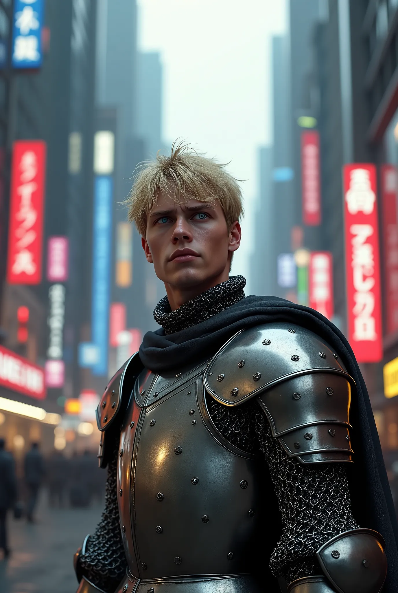 professional illustration, golden ratio, unreal engine illustration of a medieval knight wearing chain armor standing in 21st century modern city, look around with surprise expression, he has blonde hair and blue eyes, detailed texture, cinematic lighting, Ultra HD