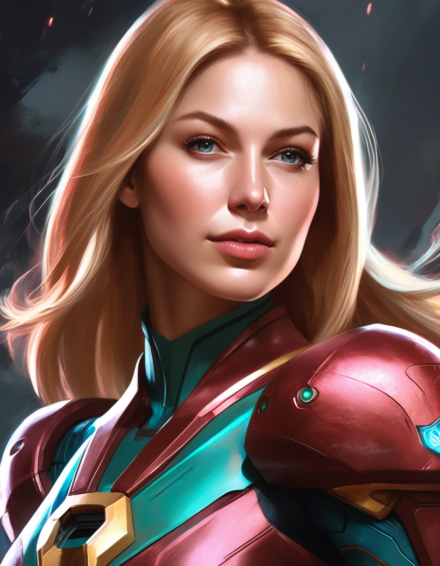 waist up  of mlssbnstkara woman, as Samus Aran, sci-fi, highly detailed, digital painting, artstation, concept art, sharp focus, illustration, art by Tony Sart and artgerm and randy vargas