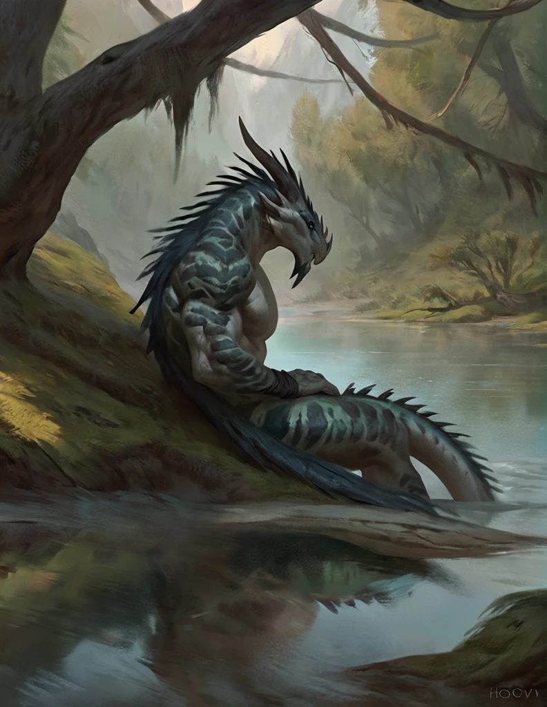 Muscular monster lizardfolk, comicbook style, resting in a lake, best quality, 4k, ultra-detailed, by laobai, by taran fiddler, by honovy