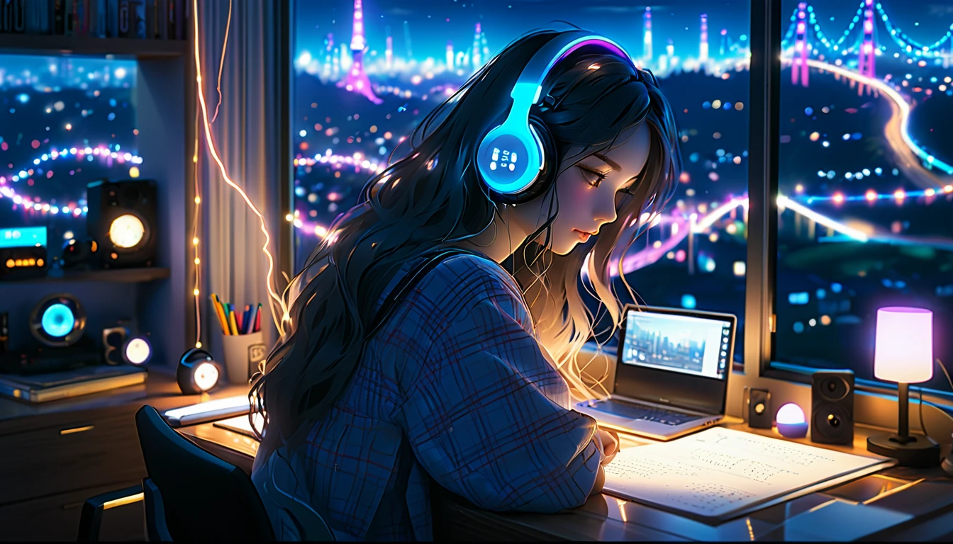 Beautiful girl studying in her room while listening to music with headphones、long hair、Warm indirect lighting、Beautiful cityscape from the room window、Japanese anime style、