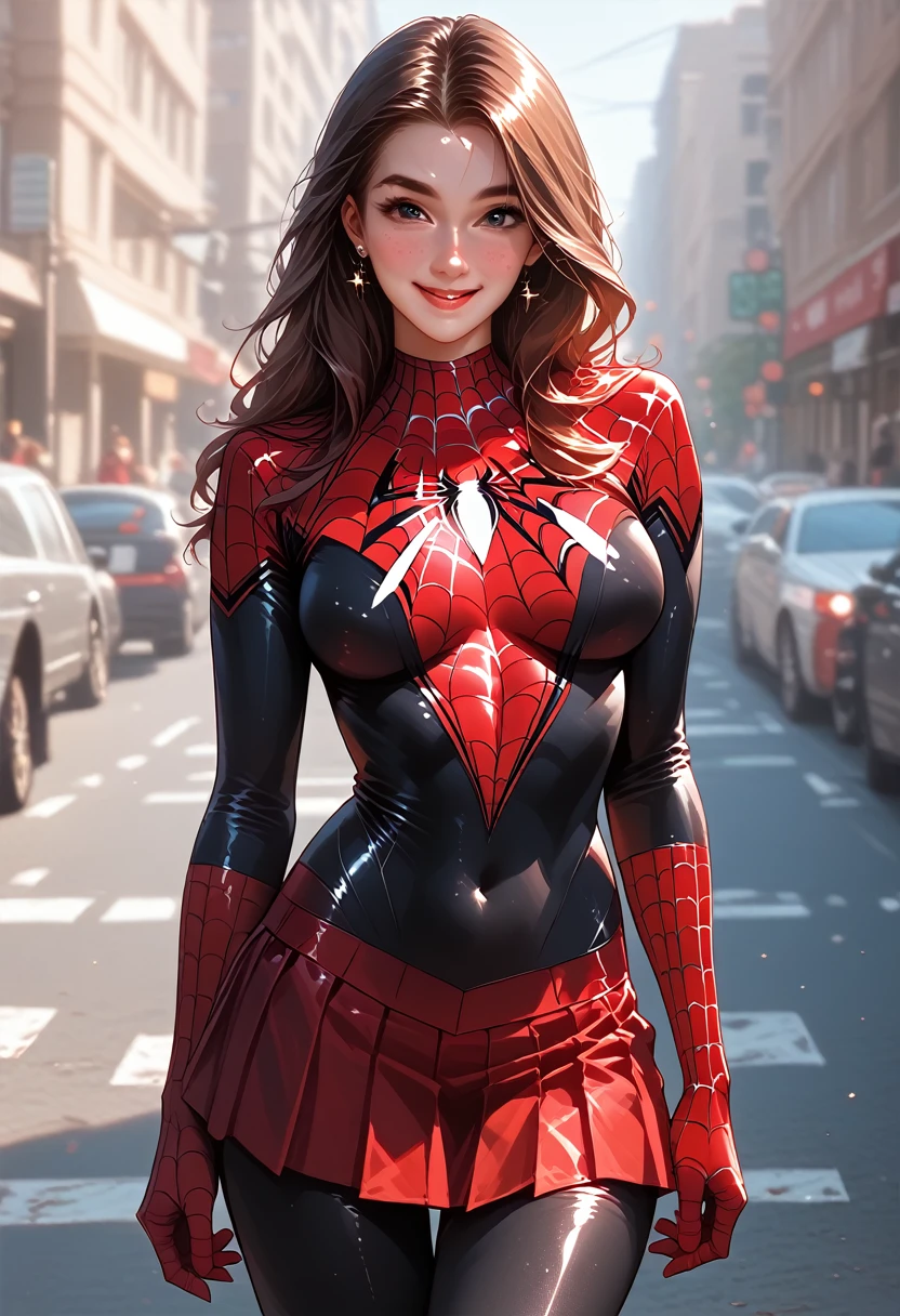 spider woman, shiny skin, short red skirt with wed pattern, spider man suit, on the city street, cinematic light, beautiful woman, perfect breasts, black long hair, detailed face, smile, facing the camera, photo taken from a distance, She wears Spider-Man suit, red and black color scheme, spider,