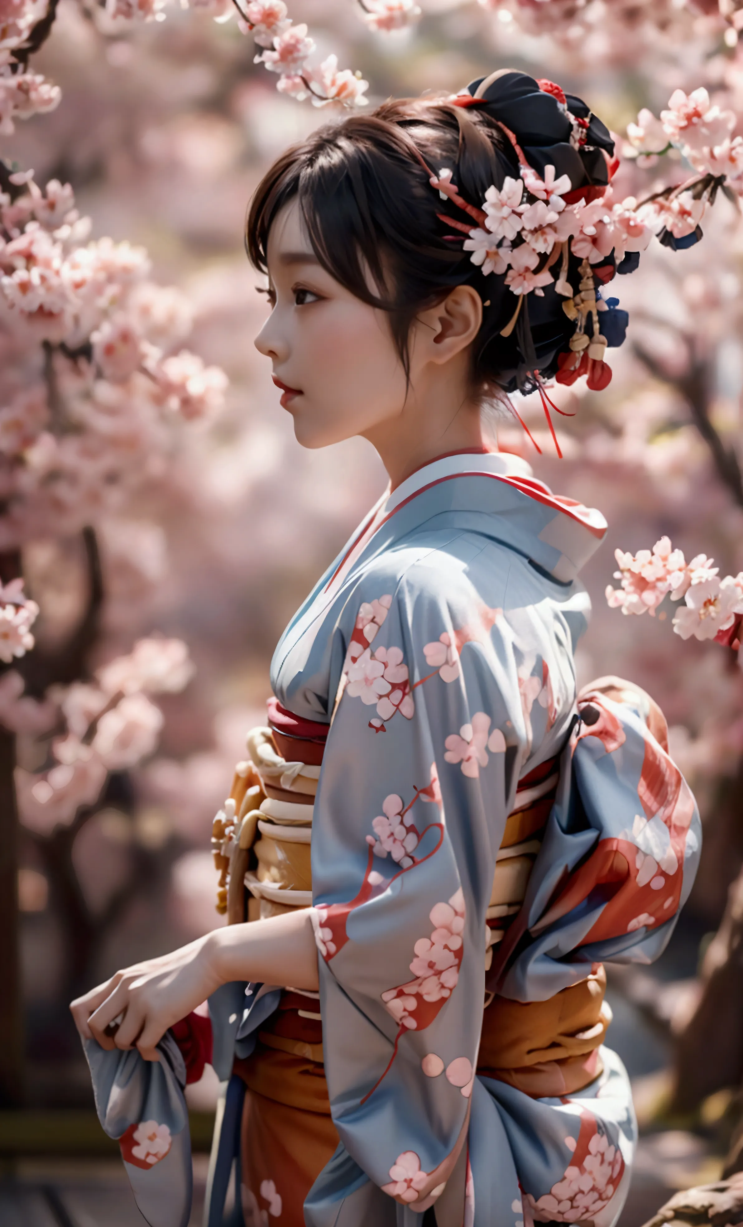 high quality　masterpiece　super resolution　one woman　(kimono) (japanese)　sakura　flower pattern kimono　cherry blossoms in the back...