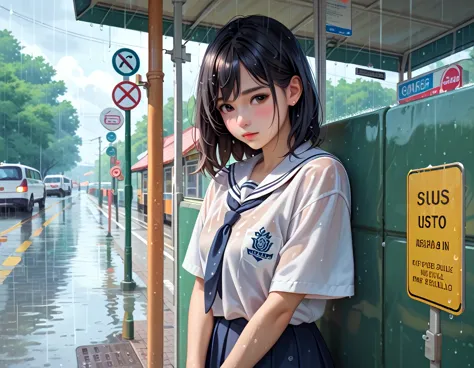 cute,1girl,black hair, wet school uniform shirt,(rainy sky),embarrassed,bus stop background, nsfw, breast_expansion, breast milk