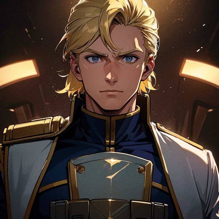 (masterpiece, Best quality, super detailed, BEST SHADOWS), (detailed background,) sci-fi liberator captain blond young strong confident powerful healthy strong military uniform man