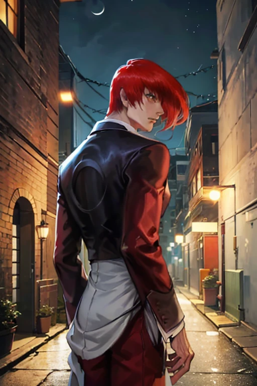 profile, Back Alley, Gazing Upward, Midnight, Crescent Moon, Red hair, Night view, Male, 30 years old,１people, Long, red eyes, Sharp Eyes, Narrow eyes, Cold expression, narrow one’s eyes, Moody Lighting