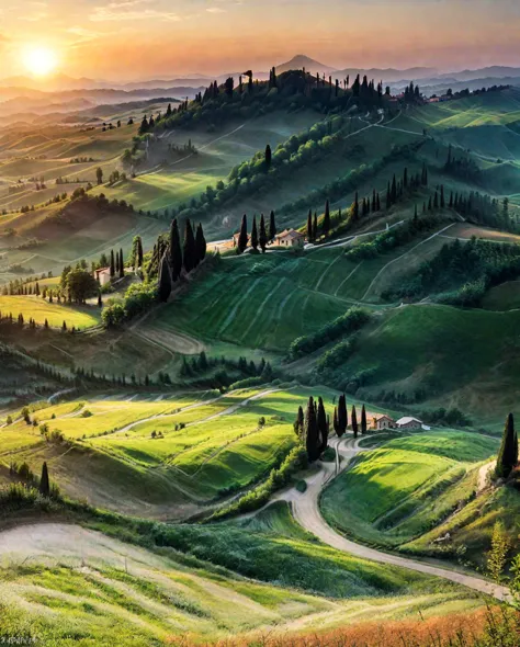 arav landscape with winding road in rural area, tuscany hills, stunning scenery, cypress trees and hills, italy, rolling hills, ...