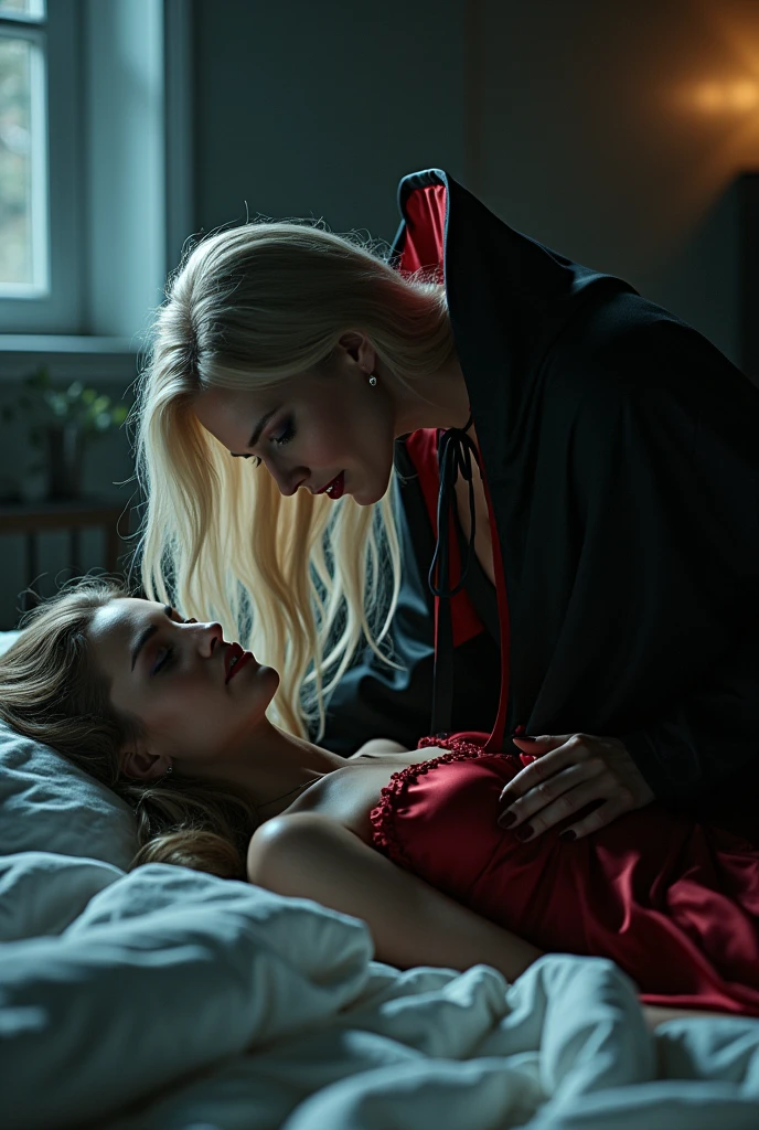 RAW photo, best quality, masterpiece, ultra-detailed, high res), (realistic),(extremely
delicate and beautiful:1), mesmerizing vampire woman with long blonde hair , detailed features, showing vampire fangs , wearing floor
length black and red lined satin cloak tied at the neck with ribbon ties , naked,moonlight bedroom , bending over a sleeping young woman in the bed , drinking her blood from her neck, imaginative, highly detailed, extremely high-resolution details,
photographic, realism pushed to extreme, fine texture, 8k, ultra-detailed, high quality, high
contrast, full body shot rich textures, wide shot, sharp focus, high detail, 8k, masterpiece, photo,