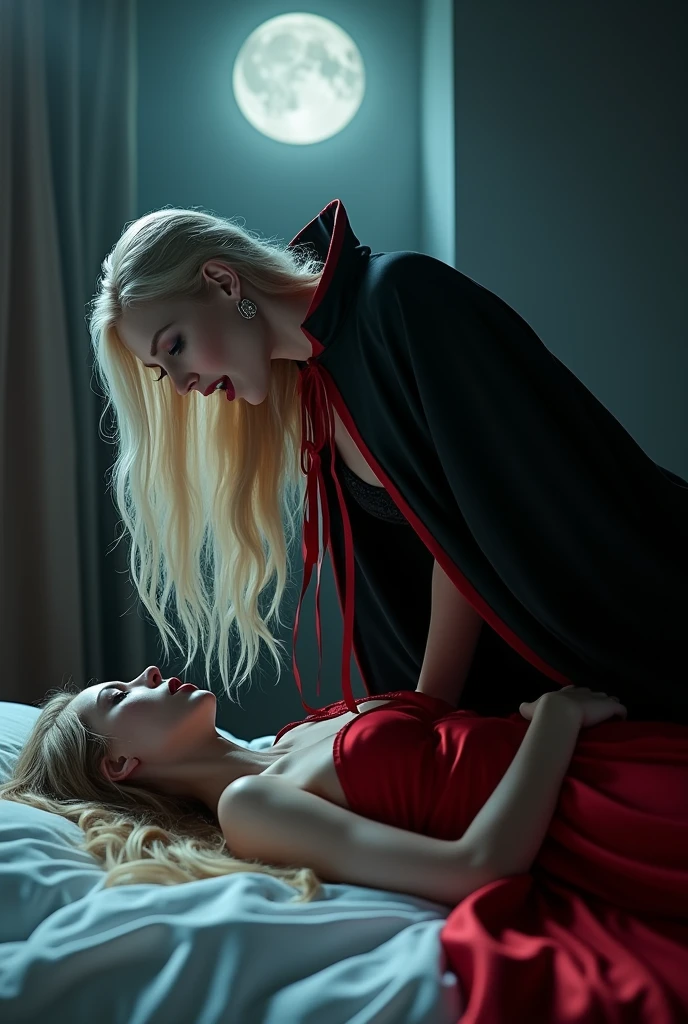 RAW photo, best quality, masterpiece, ultra-detailed, high res), (realistic),(extremely
delicate and beautiful:1), mesmerizing vampire woman with long blonde hair , detailed features, showing vampire fangs , wearing floor
length black and red lined satin cloak tied at the neck with ribbon ties , naked,moonlight bedroom , bending over a sleeping young woman in the bed , drinking her blood from her neck, imaginative, highly detailed, extremely high-resolution details,
photographic, realism pushed to extreme, fine texture, 8k, ultra-detailed, high quality, high
contrast, full body shot rich textures, wide shot, sharp focus, high detail, 8k, masterpiece, photo,