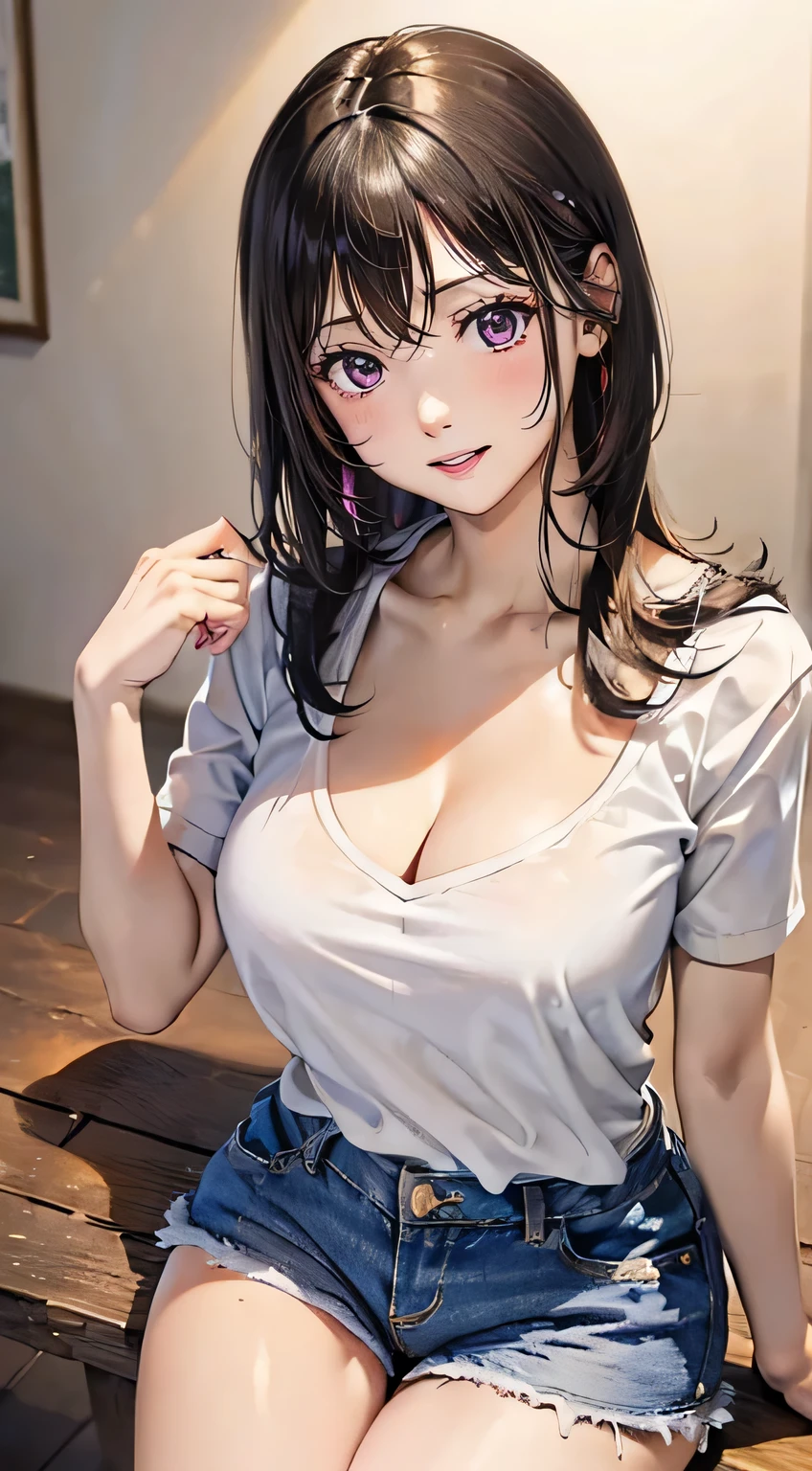 One person,(Highly detailed skin),Curvy,(Beautiful breasts),(Best image quality,(8k),Ultra-realistic,最high quality, high quality, High resolution, high quality texture,Attention to detail,Beautiful details,Delicate details,Highly detailed CG,Detailed Texture,Realistic facial expressions,masterpiece),(clear)、sincerity、kind、(Straight Short Hair),(Soft Hair),(Straight Hair:1.5),(simpleなブラウス)、(Denim shorts)、((simple))、Beautiful black hair、living