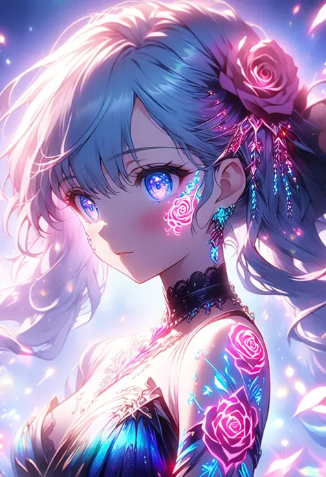 anime screenshots、artistic anime illustration of a girl adorned with thick, glowing neon many rose tattoos on her body and face。...