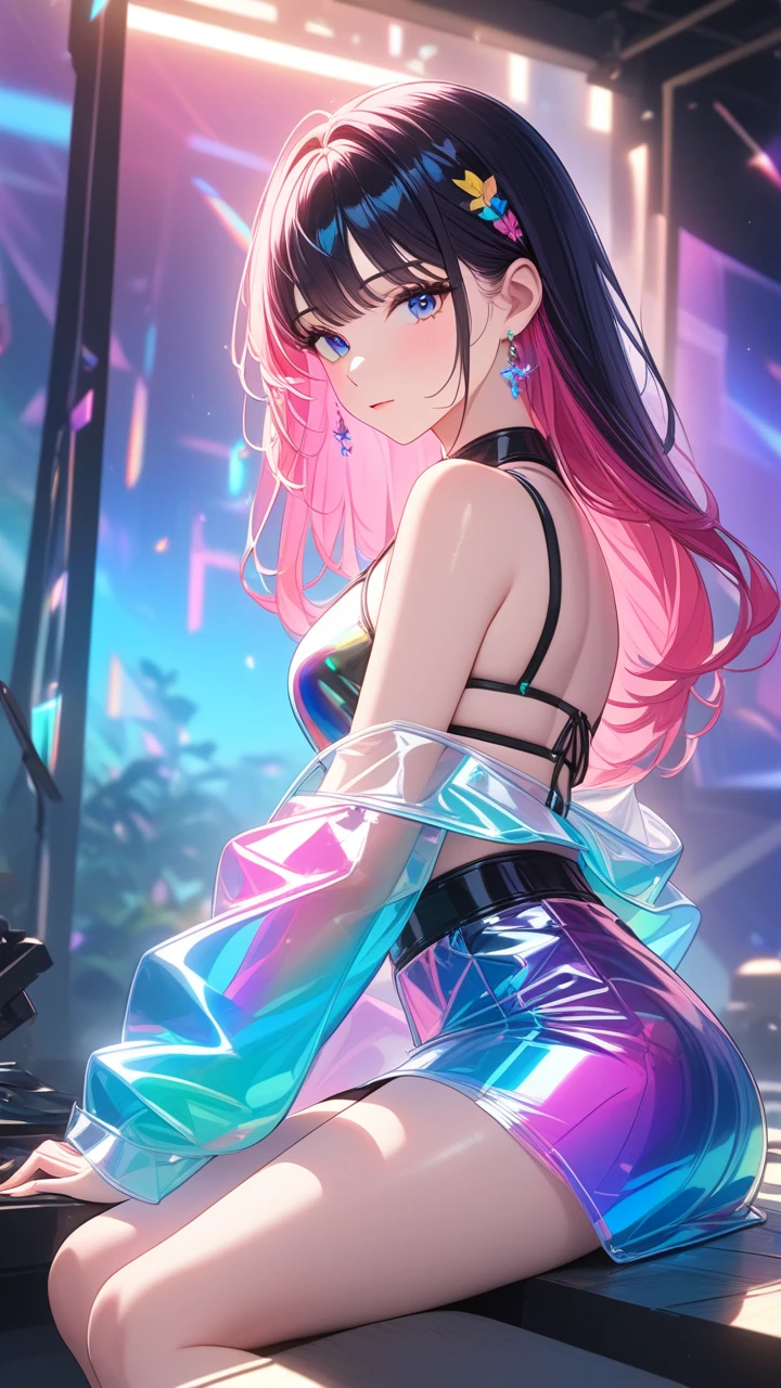 1 girl, multicolor hair, beautiful, transparent color PVC clothing, transparent color vinyl clothing, prismatic, holographic, chromatic aberration, abstract scenes, vivid colors,studio lighting,physically-based rendering,extreme detail description,professional,cinematic lighting,dramatic lighting, masterpiece, best quality, 