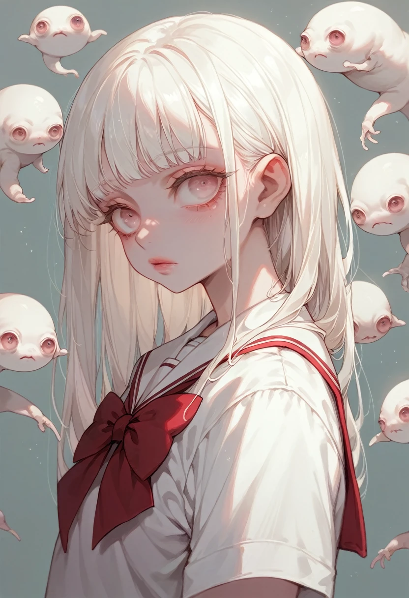 (Highest quality,Very detailed,High resolution:1.2),Albino beauty，school uniform，very_Long eyelashes, Cool look, Soft Skin, looking at the camera，