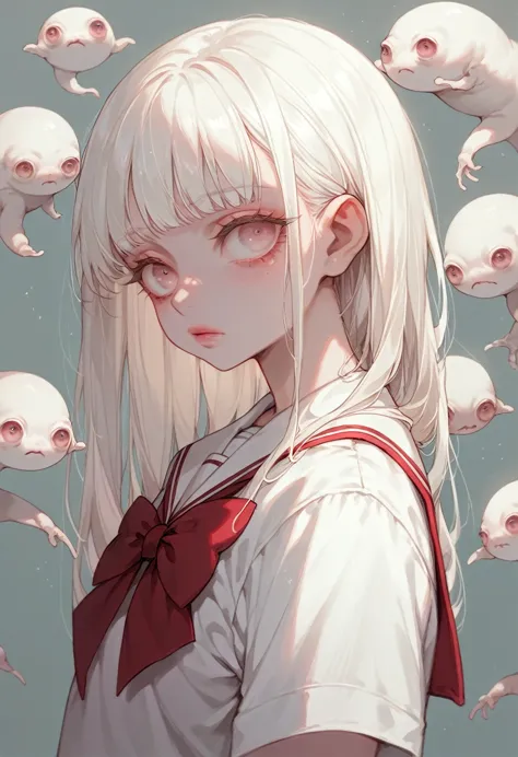 (highest quality,very detailed,high resolution:1.2),albino beauty，school uniform，very_long eyelashes, cool look, soft skin, look...