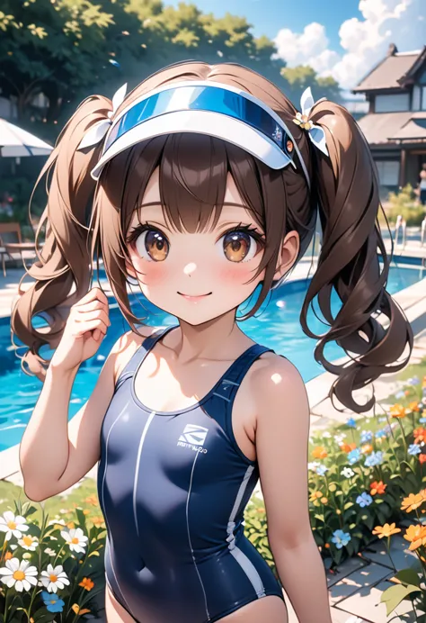 Very cute and beautiful girl,Anime Girls_1 person, Ryujo_Fleet Collection,Standing,small,brown_hair, Twin tails, brown_eye, correct, visor_cap,(非常に洗練された美しい顔とeye),(Blue school swimsuit),
Standing,Poolside,Small colorful flowers blooming in the meadow,
(smile),View your viewers,黒hair,Cowboy Shot,
(Highest quality,masterpiece:1.0),Absurd,High resolution,Very detailed,Very detailed,32K,
Movie Scenes,Detailed Background],alone,Dynamic angles,
風になびくhair,Beautifully painted sky,, AI-generated,