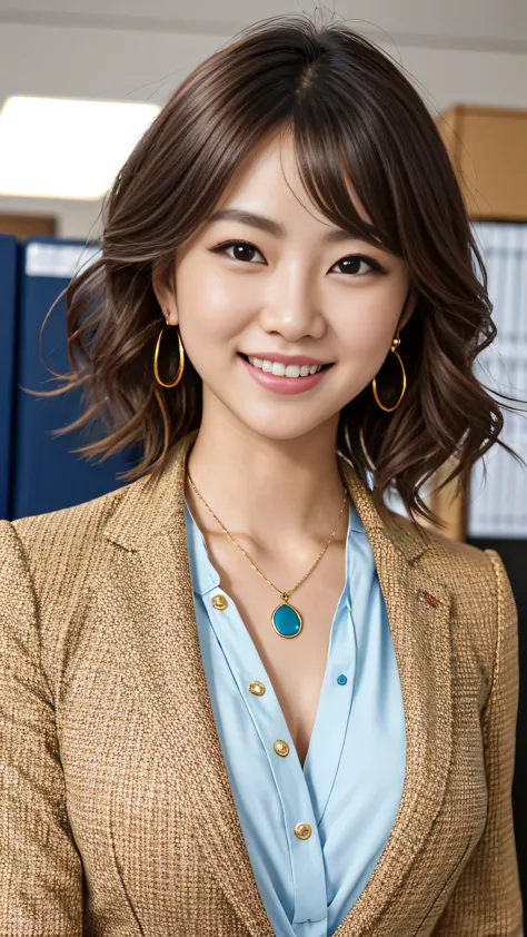 high resolution, very detailed, intricate details, a neat and clean japanese woman、【ear piercing、、short hair、wavy hair、light bro...