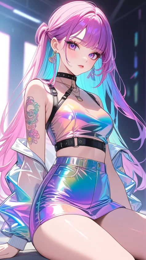 (masterpice, bestquality),1girl, cyberpunk style, iridescent metallic, white background, array of tattoos, transparent color pvc...