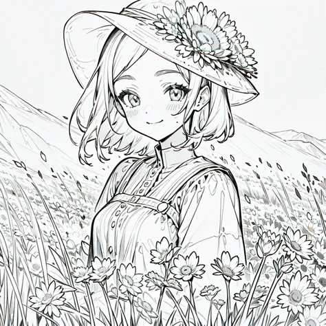 masterpiece, minimalist, close-up portrait, (lineart, monochrome), front view, 1woman, smiling, summer dress, flower field