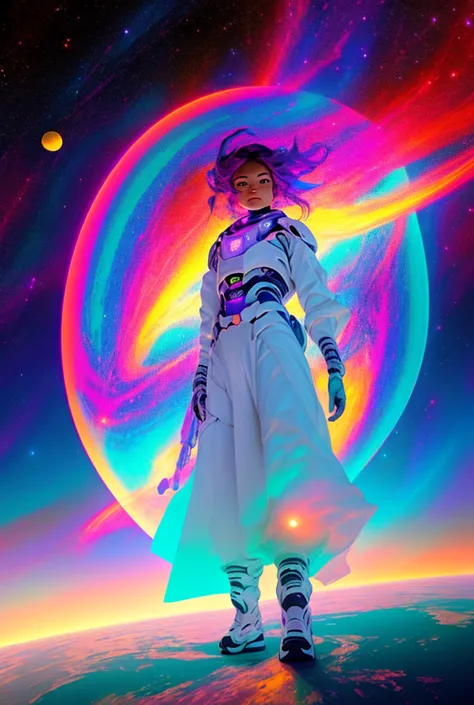 anime girl in the galaxy in front of saturn with glowing and holographic colors