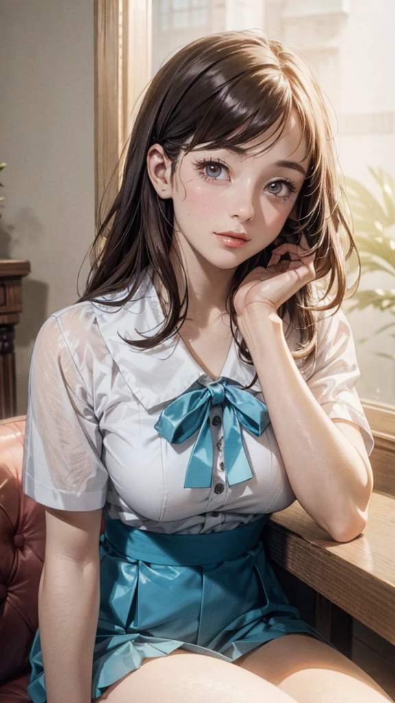 girl in summer clothes, a white blouse, light blue shorts, tights or long stockings, pretends, that he wants to kiss you, view from the viewer, medium breasts, split, random background, flirty look, ((very detailed)), (perfectly detailed face), (well detailed hand) Photorealistic image.