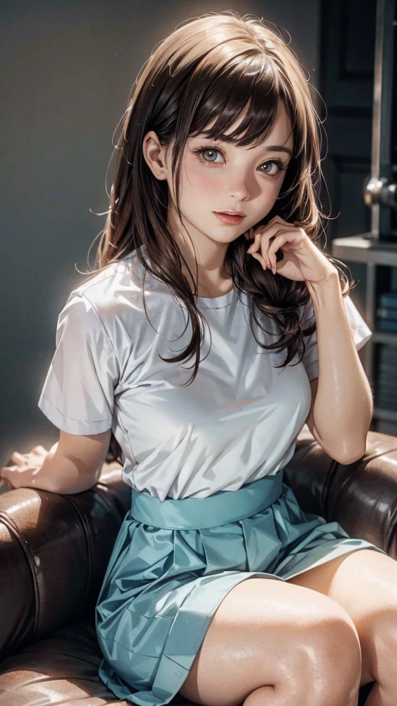 girl in summer clothes, a white blouse, light blue shorts, tights or long stockings, pretends, that he wants to kiss you, view from the viewer, medium breasts, split, random background, flirty look, ((very detailed)), (perfectly detailed face), (well detailed hand) Photorealistic image.