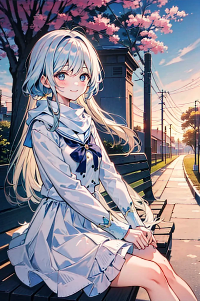 One girl, Furina \(Genshin Impact\), White Dress, White Skirt, White sailor collar, White scarf, Sitting on a bench, blue sky, sunset, Outdoor, smile. Staring at the audience,