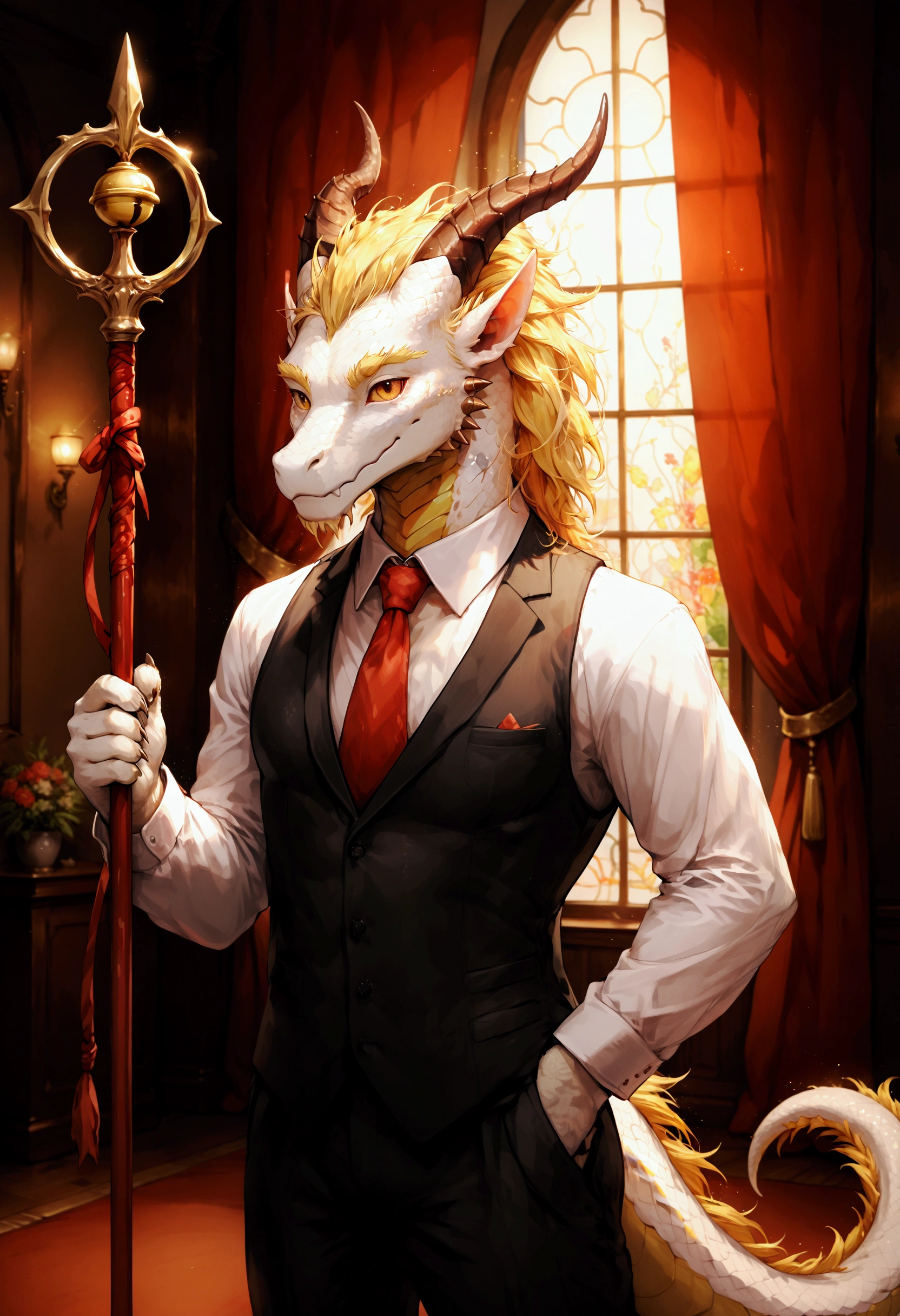 furry, white dragon, Asian Dragon, multi-branched horns, hanging small yellow bells, shiny scales, Wearing a black sleeved vest, tail tied with a red ribbon, holding a trident
