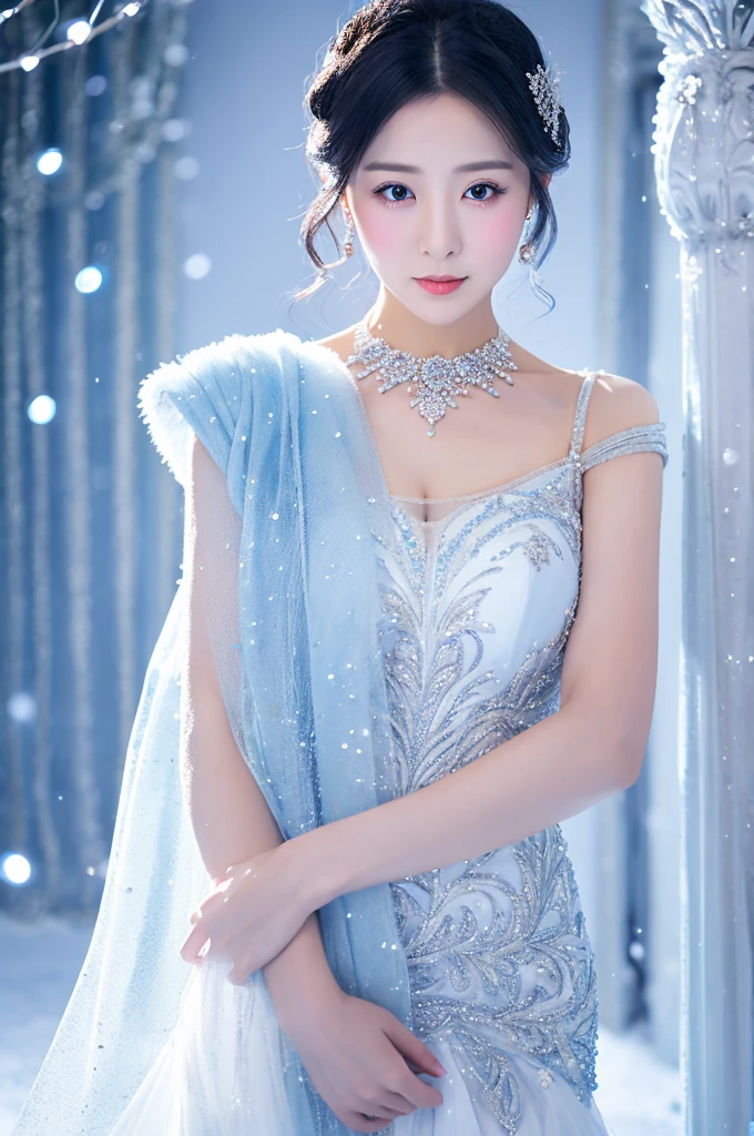 High quality, Ultra-realistic photo of the Snow Princess in the most luxurious palace made of exquisitely sparkling, transparent ice. The scene must be in 8K resolution, Featuring an elaborate ice palace with graceful columns and beautiful ice ceilings. The composition is symmetrical, Fantastic light blue light and sacred, Mystical elements. Yukihime has radiant skin as white as snow, Beautiful silvery light blue hair, She is wearing a glittering silver-white jeweled dress of the highest quality., Elegantly decorated and jeweled. She is standing, and、The photo shows her upper body and、The photo has a blurred background。, Realistic ice palace. Snow is falling quietly around her, and彼女は幻想的な柔らかな光に包まれている, Create a magical atmosphere with amazing cinematic lighting effects.